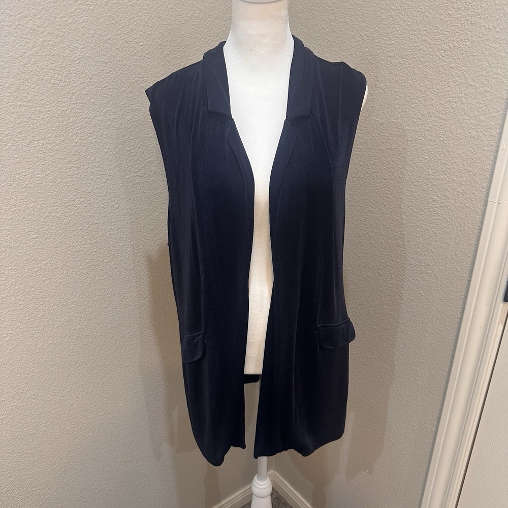 Chicos Travelers Navy Blue Sz 2 L Sleeveless Duster Cardigan Vest Office Mature